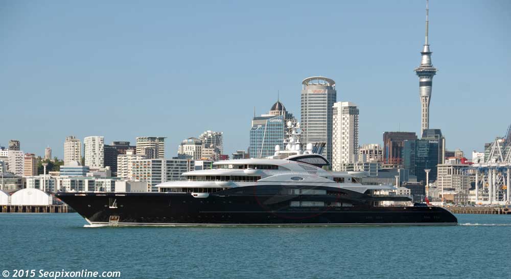 SERENE (2011/7830grt) departs Auckland bound for New Zealand's Fiordland and Milford Sound. As of 2025 SERENE is owned by Mohammed bin Salman, the Crown Prince of Saudi Arabia. 28 January 2015. Photo by Â© 2015 SeapixOnline.com