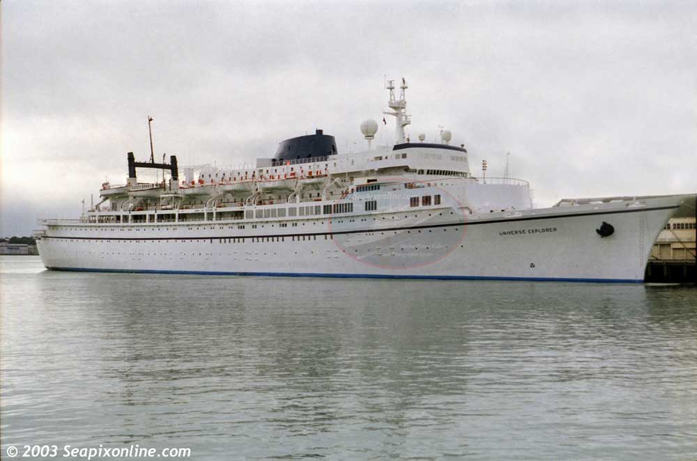 UNIVERSE EXPLORER (1956/22162grt/IMO 5050567, ex-ENCHANTED SEAS, QUEEN OF BERMUDA, CANADA STAR, LIBERTE, ISLAND SUN, VOLENDAM, MONARCH SUN, BRASIL. Renamed UNIVERSE prior to her scrapping in 2004), seen here on a rare visit to Auckland, New Zealand. She was built as BRASIL for Moore-McCormack Lines. 31 July 2003. Photo by SeapixOnline.com/Trevor Coppock