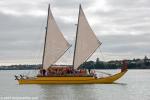 ID 10906 AOTEAROA ONE - twin-hulled waka hourua (ocean-going or bluewater) voyaging canoe based in Auckland (Tamaki Makaurau) heads out into the Waitemata Harbour on a beautifully still morning. These...