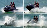 ID 8205 JETSKI - and how to have fun on one. Two locals enjoy a sunny morning on Aucklands' uncrowded Waitemata Harbour.