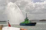 ID 13773 SPARKY (2022/353gt/67dwt/IMO 9909699) Port of Auckland's 3 year-old EV tug, displays her water monitors following her participation in the 2025 Auckland Anniversary Day tug race.